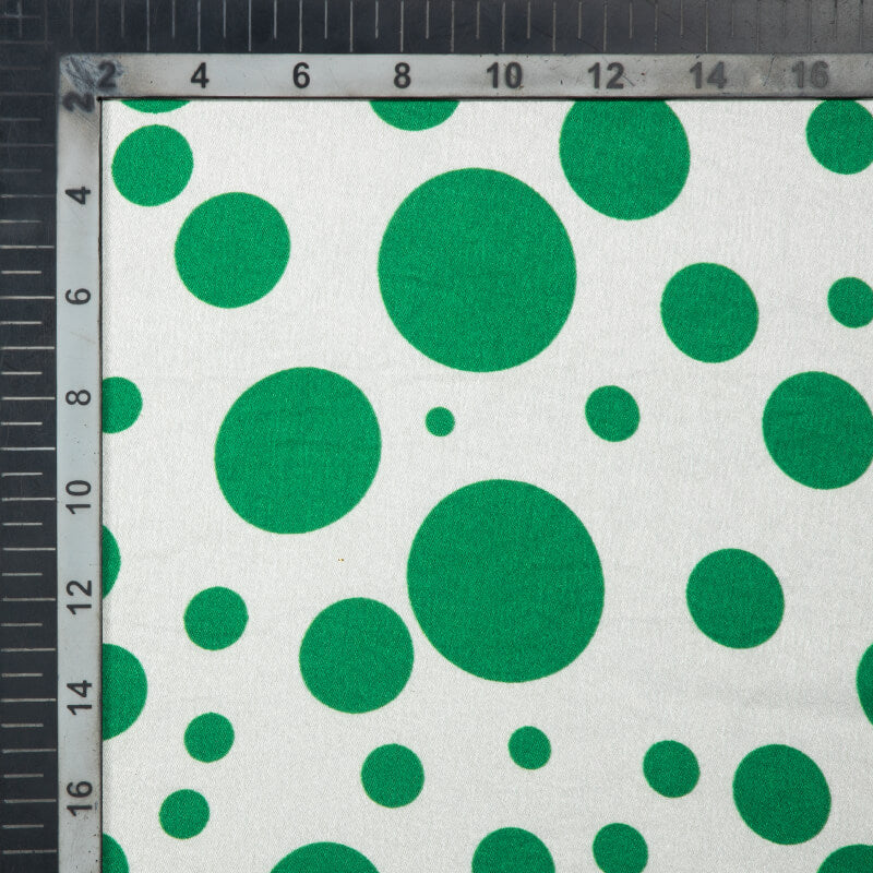 Green And White Polka Dots Digital Print Japan Satin Fabric - Fabcurate