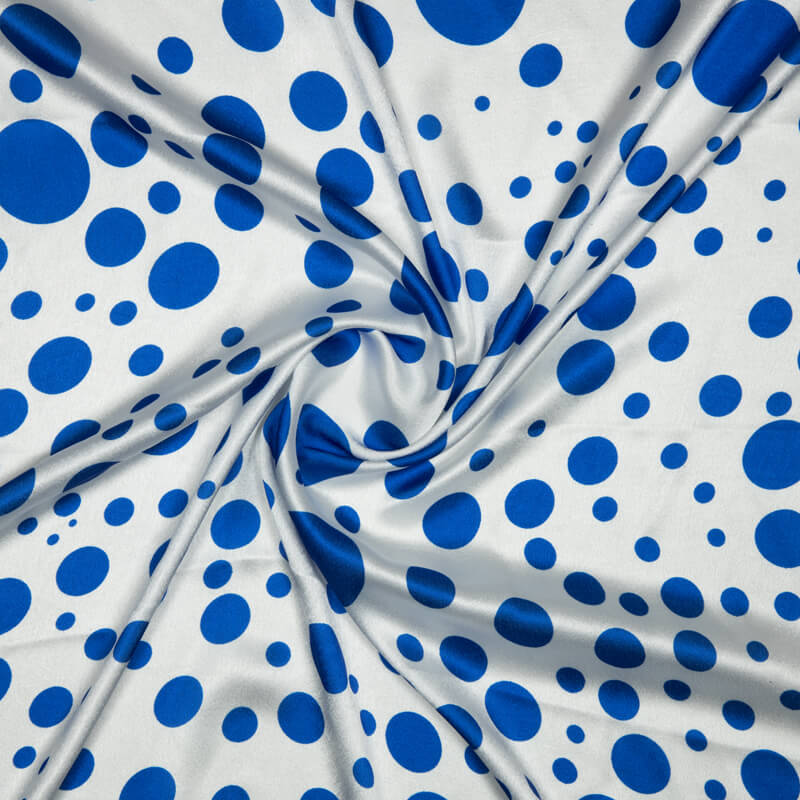 Royal Blue And White Polka Dots Digital Print Japan Satin Fabric - Fabcurate