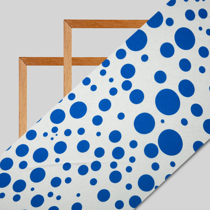 Royal Blue And White Polka Dots Digital Print Japan Satin Fabric - Fabcurate