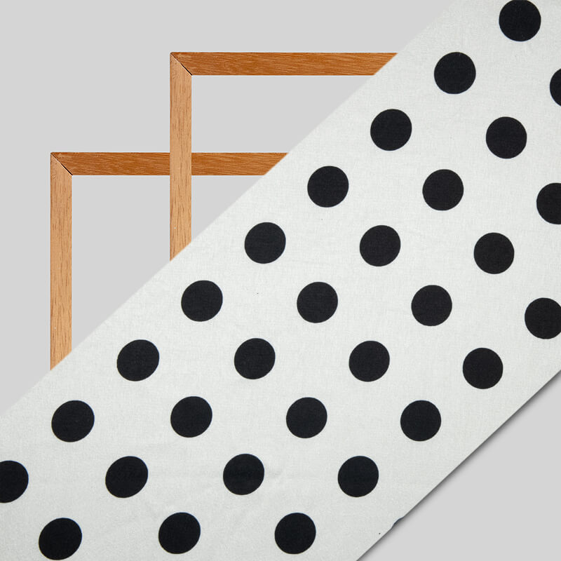 White And Black Polka Dots Digital Print Japan Satin Fabric - Fabcurate