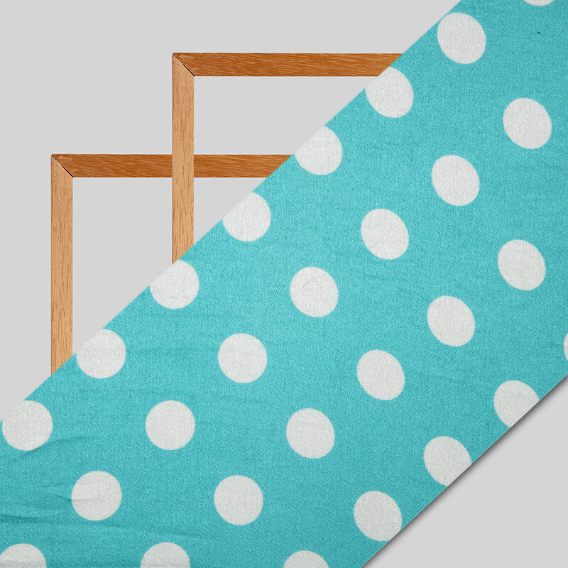 Sky Blue And White Polka Dots Digital Print Japan Satin Fabric - Fabcurate