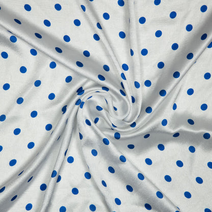 Blue And White Polka Dots Digital Print Japan Satin Fabric - Fabcurate