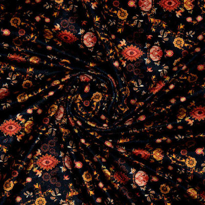 Black Traditional Pattern Digital Print Velvet Fabric (Width 54 inches) - Fabcurate