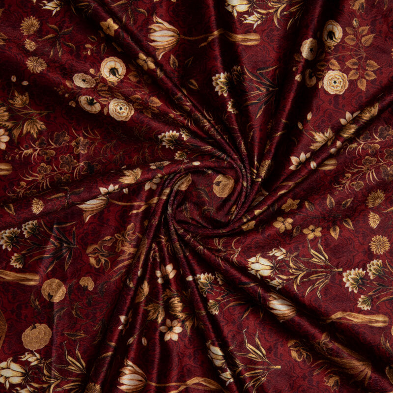 Maroon Floral Pattern Digital Print Velvet Fabric (Width 54 inches) - Fabcurate