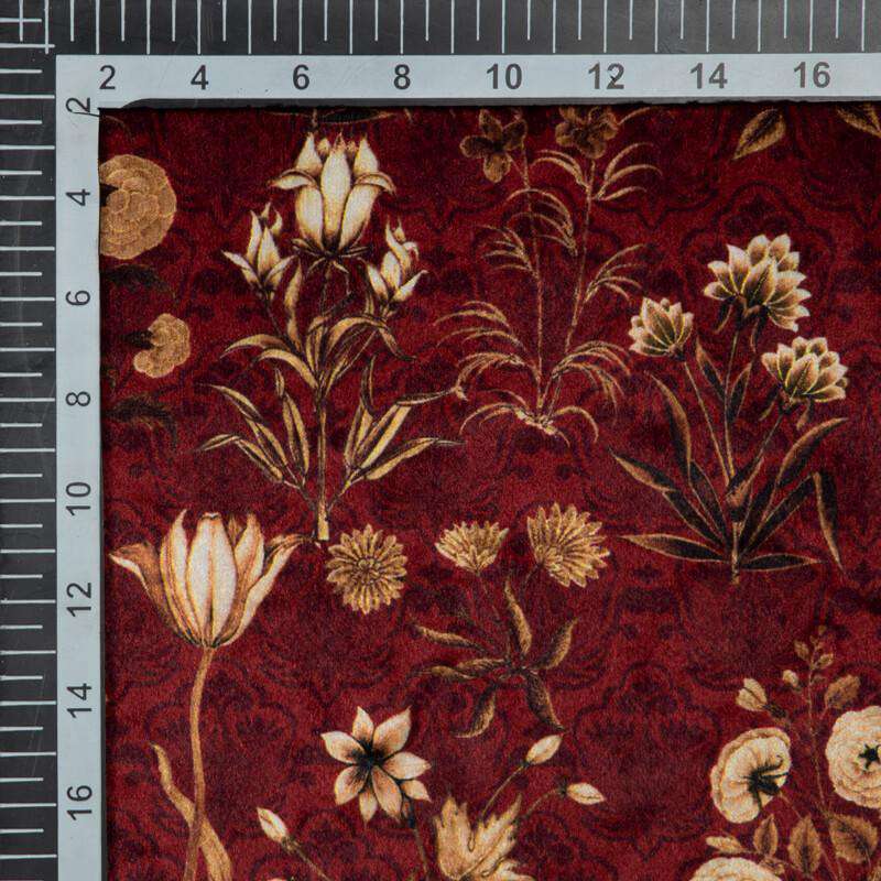 Maroon Floral Pattern Digital Print Velvet Fabric (Width 54 inches) - Fabcurate