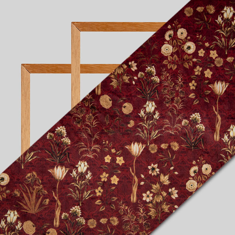 Maroon Floral Pattern Digital Print Velvet Fabric (Width 54 inches) - Fabcurate