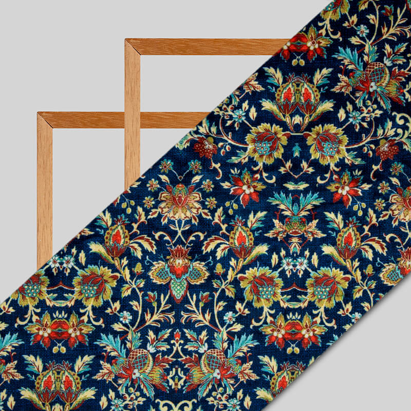 Aegean Blue Leaf Pattern Digital Print Velvet Fabric (Width 54 inches) - Fabcurate