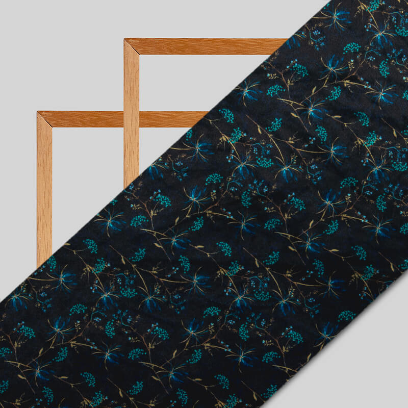 Black Floral Pattern Digital Print Velvet Fabric (Width 54 inches) - Fabcurate