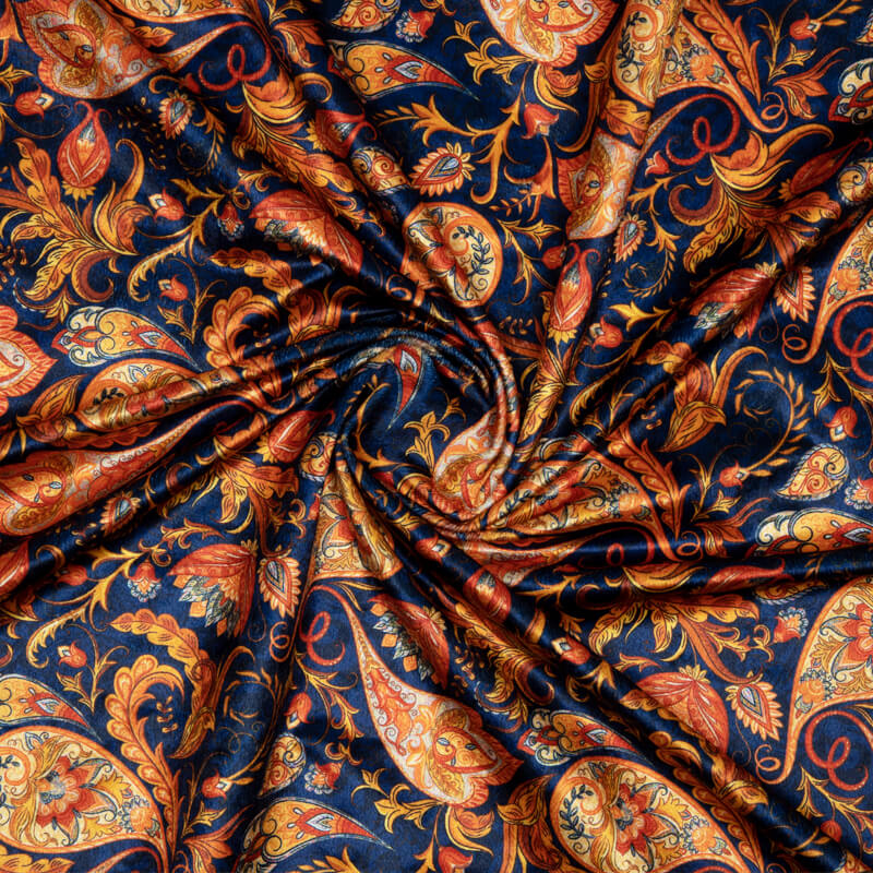 Royal Blue And Light Brown Ethnic Pattern Digital Print Velvet Fabric (Width 54 inches) - Fabcurate