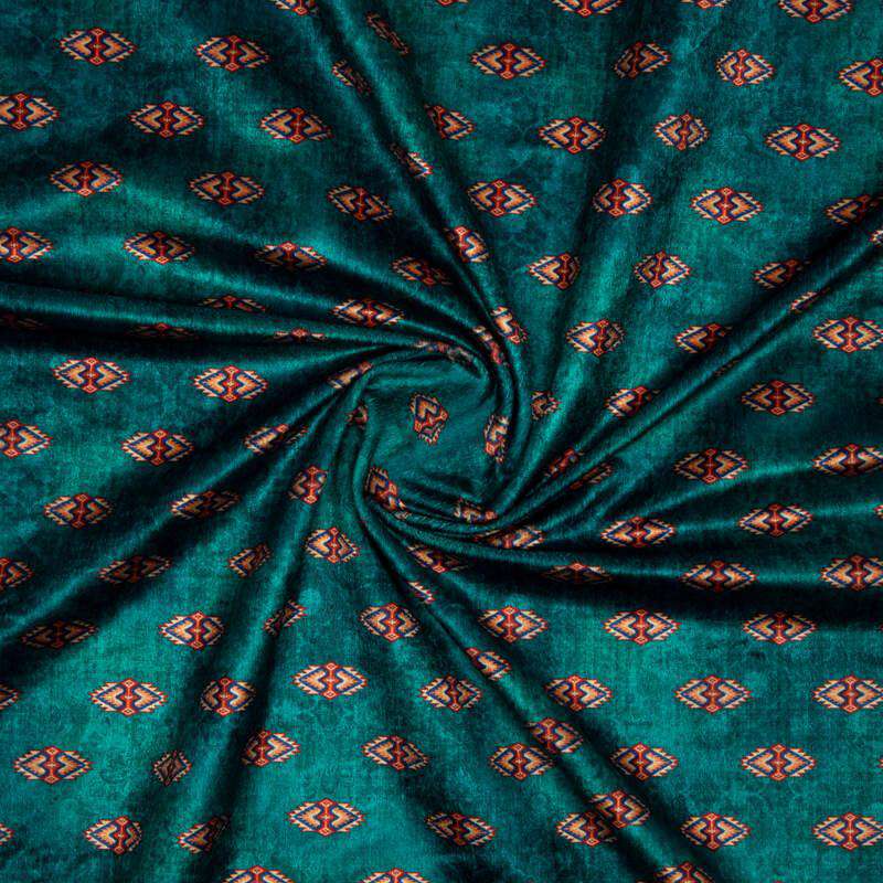 Teal Geometric Pattern Digital Print Velvet Fabric (Width 54 inches) - Fabcurate