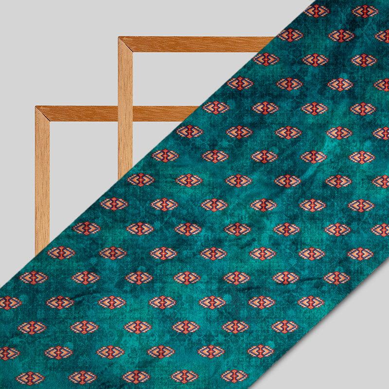 Teal Geometric Pattern Digital Print Velvet Fabric (Width 54 inches) - Fabcurate
