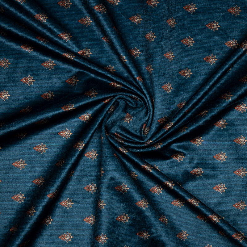 Blue Grey Booti Pattern Digital Print Velvet Fabric (Width 54 inches) - Fabcurate