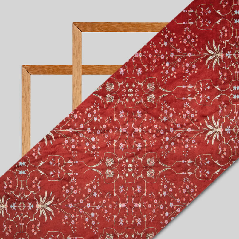 Blush Red Traditional Pattern Digital Print Velvet Fabric (Width 54 inches) - Fabcurate