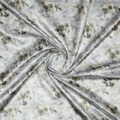 White And Olive Floral Pattern Digital Print Velvet Fabric (Width 54 inches) - Fabcurate