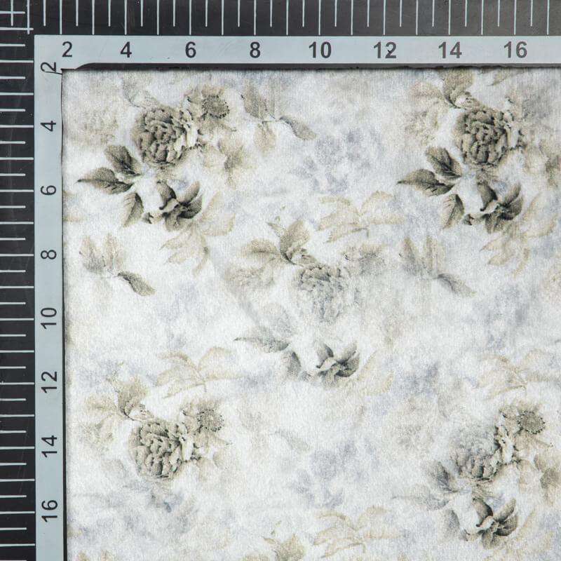 White And Olive Floral Pattern Digital Print Velvet Fabric (Width 54 inches) - Fabcurate