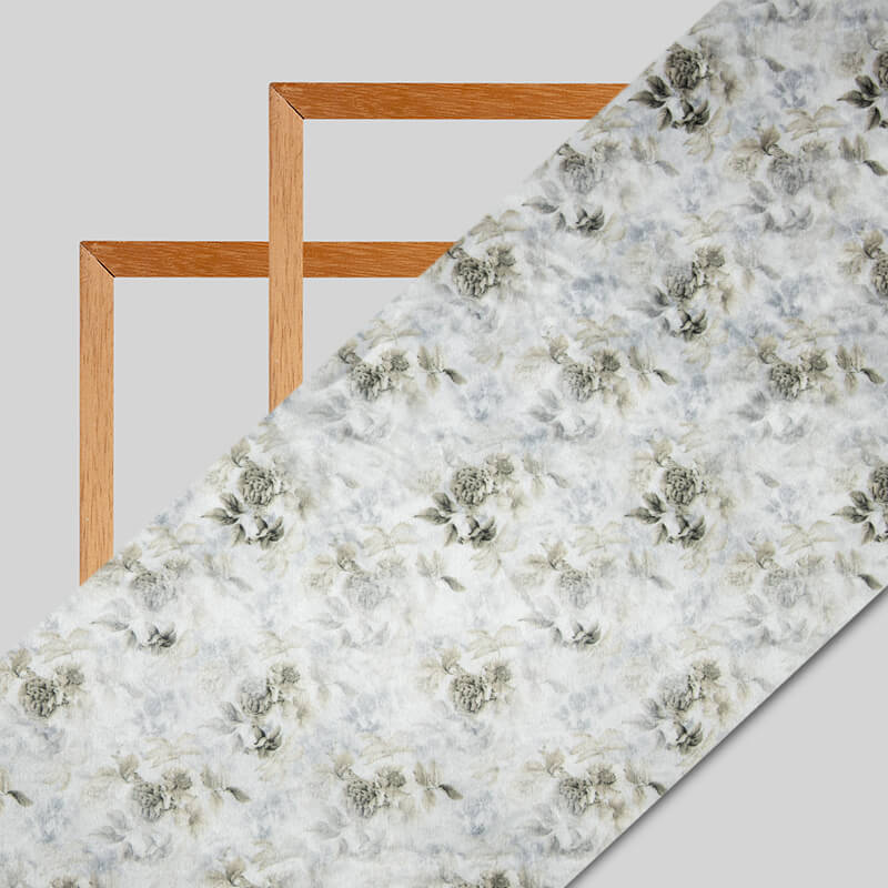 White And Olive Floral Pattern Digital Print Velvet Fabric (Width 54 inches) - Fabcurate