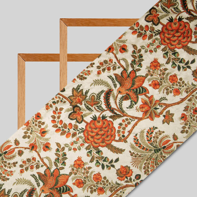 Cream And Brown Floral Pattern Digital Print Velvet Fabric (Width 54 inches) - Fabcurate
