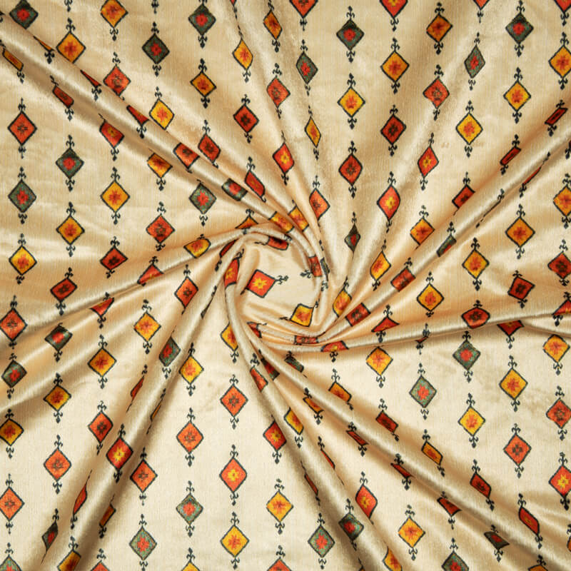 Light Beige Geometric Pattern Digital Print Velvet Fabric (Width 54 inches) - Fabcurate