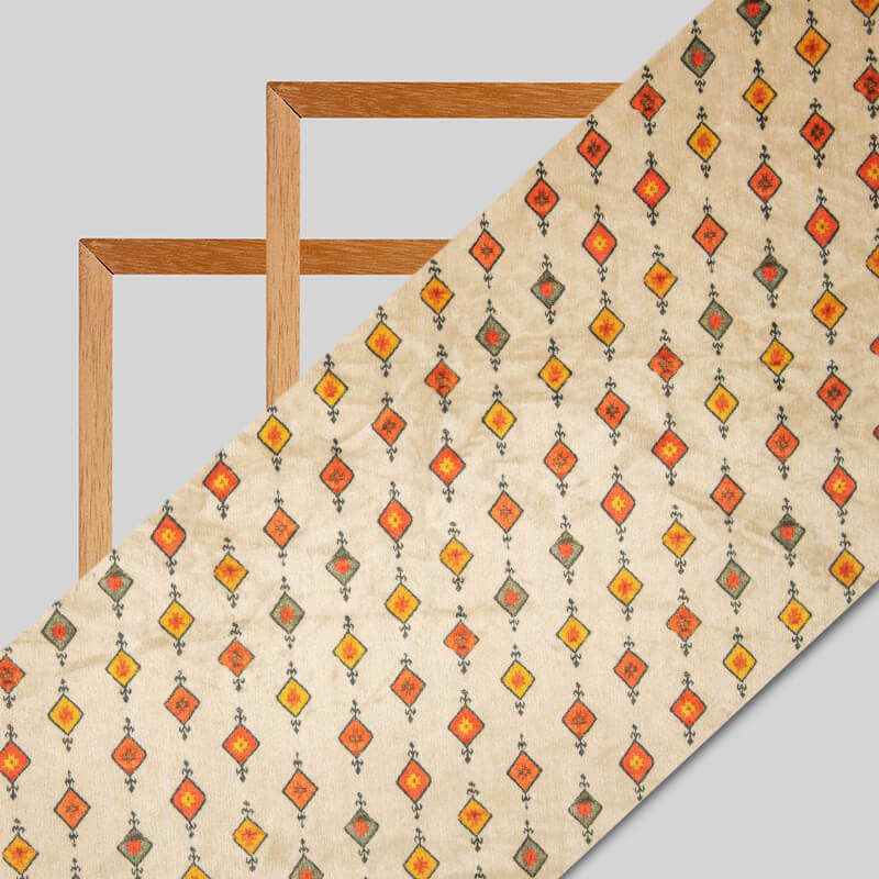 Light Beige Geometric Pattern Digital Print Velvet Fabric (Width 54 inches) - Fabcurate
