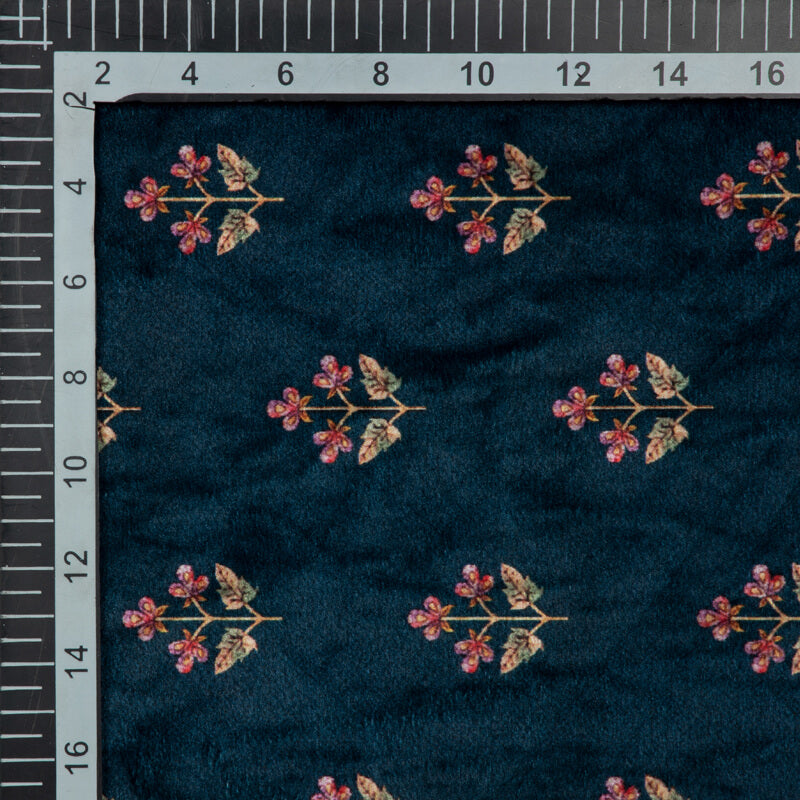 Navy Blue Floral Booti Pattern Digital Print Velvet Fabric (Width 54 inches) - Fabcurate