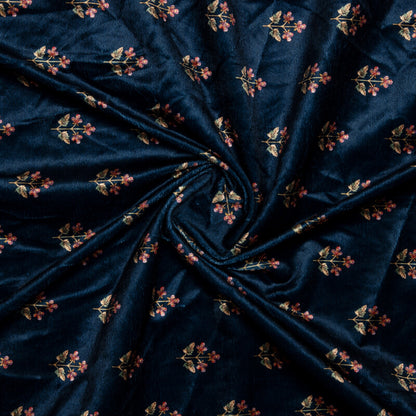 Navy Blue Floral Pattern Digital Print Velvet Fabric (Width 58 inches)