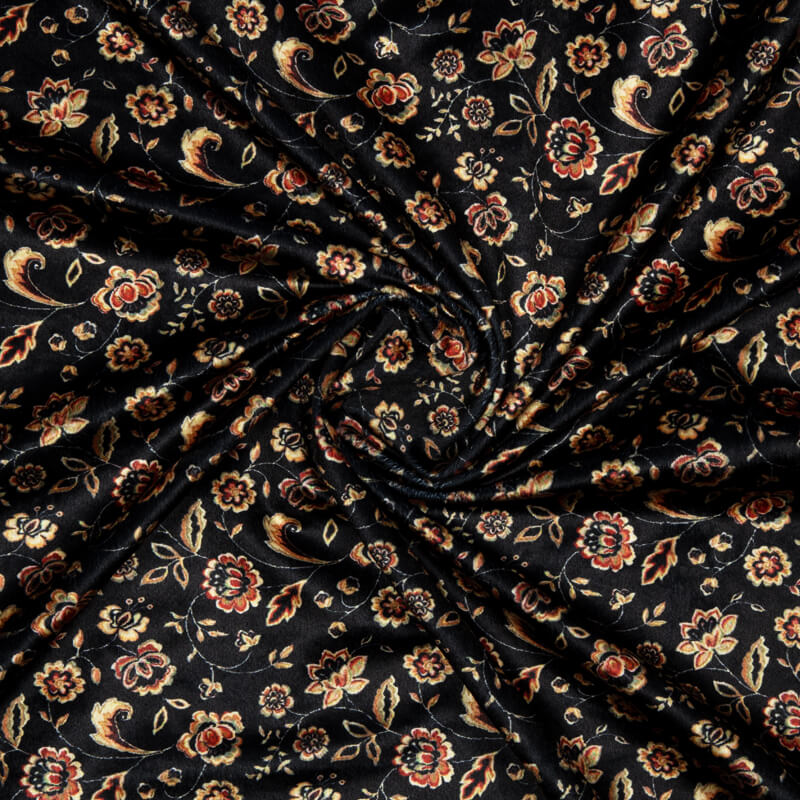 Black Floral Pattern Digital Print Velvet Fabric (Width 54 inches) - Fabcurate