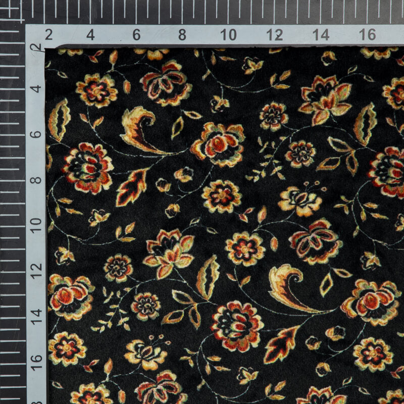 Black Floral Pattern Digital Print Velvet Fabric (Width 54 inches) - Fabcurate