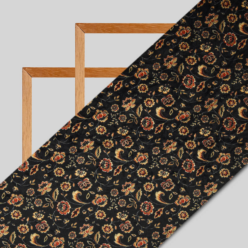 Black Floral Pattern Digital Print Velvet Fabric (Width 54 inches) - Fabcurate