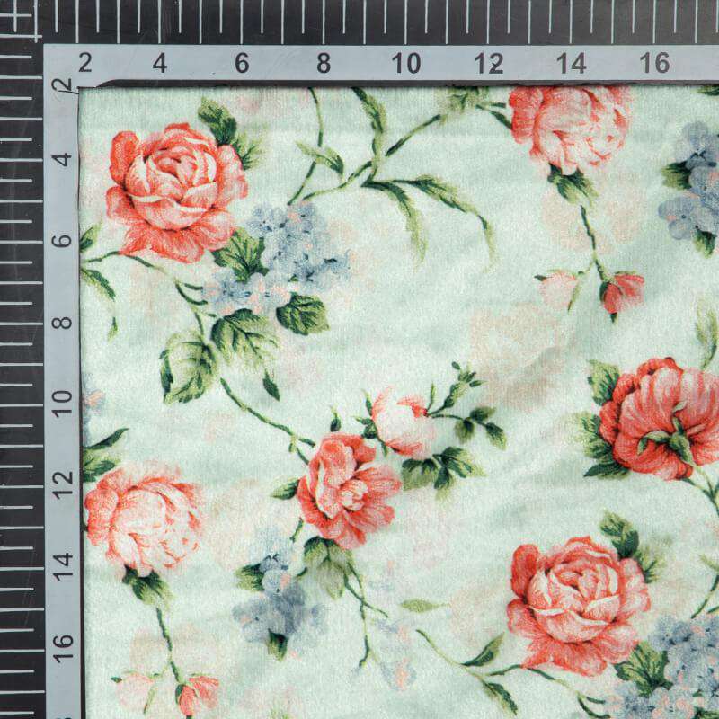 Teal And Pink Floral Pattern Digital Print Velvet Fabric (Width 54 inches) - Fabcurate