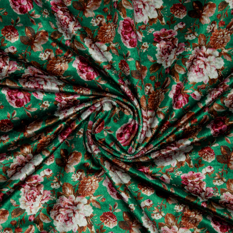 Green Floral Pattern Digital Print Velvet Fabric (Width 54 inches) - Fabcurate