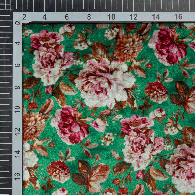 Green Floral Pattern Digital Print Velvet Fabric (Width 54 inches) - Fabcurate
