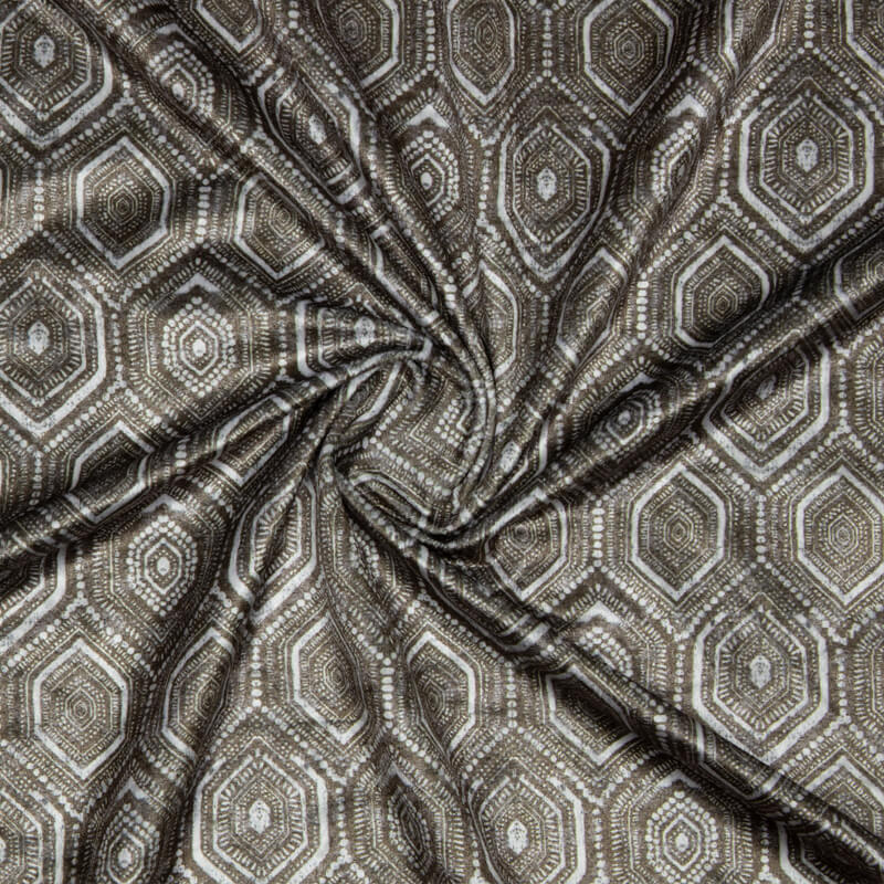 White And Grey Geometric Pattern Digital Print Velvet Fabric (Width 54 inches) - Fabcurate