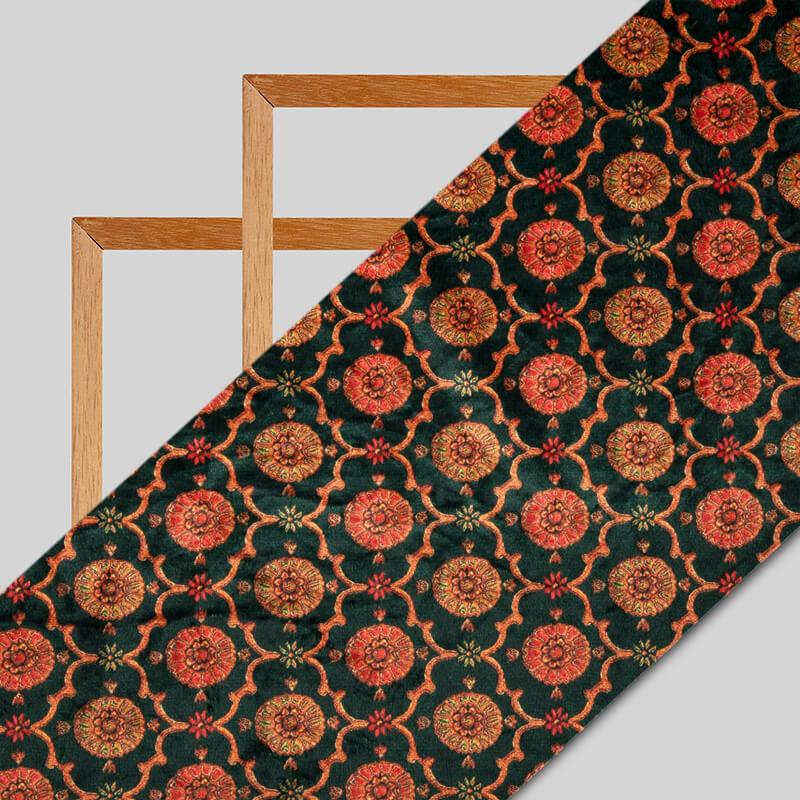 Bottle Green And Red Trellis Pattern Digital Print Velvet Fabric (Width 54 inches) - Fabcurate