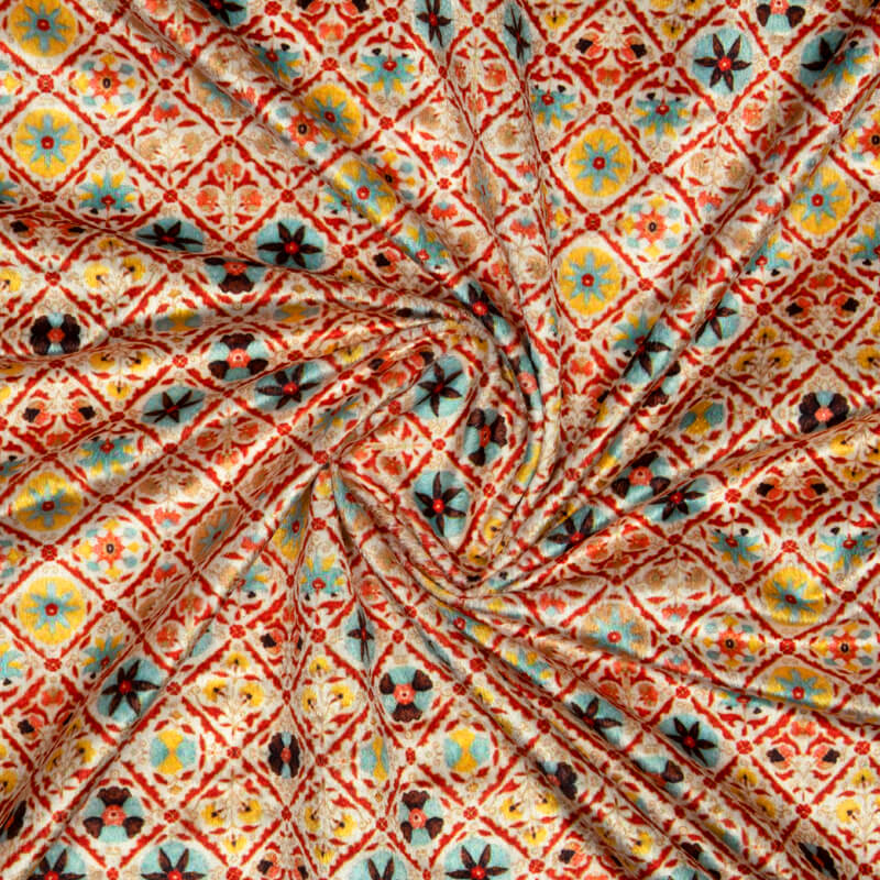 Cream And Red Ethnic Pattern Digital Print Velvet Fabric (Width 54 inches) - Fabcurate