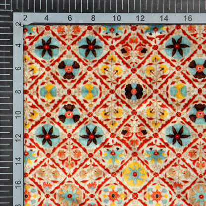 Cream And Red Ethnic Pattern Digital Print Velvet Fabric (Width 54 inches) - Fabcurate