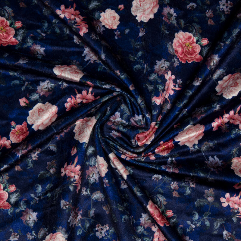 Royal Blue Floral Pattern Digital Print Velvet Fabric (Width 54 inches) - Fabcurate