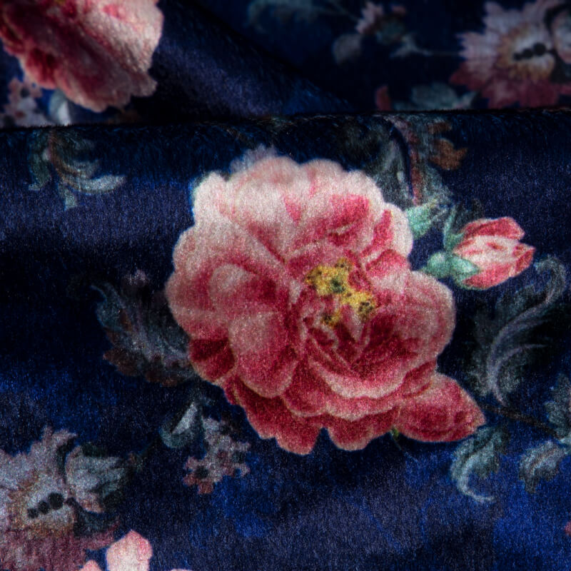 Royal Blue Floral Pattern Digital Print Velvet Fabric (Width 54 inches) - Fabcurate