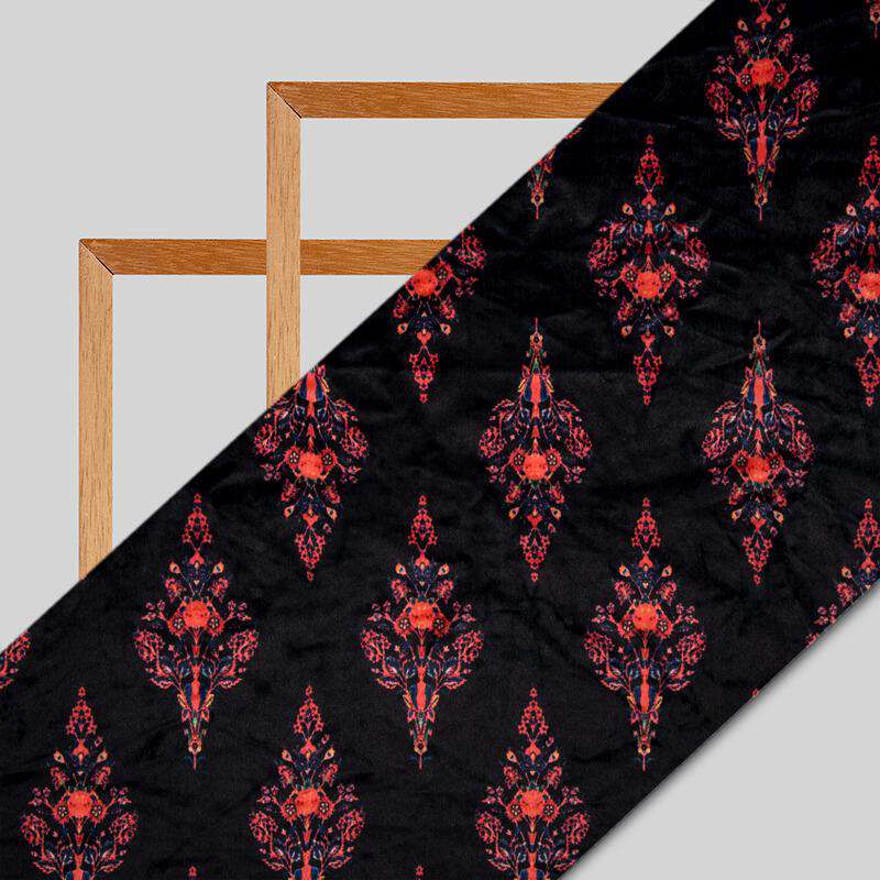 Black And Red Mughal Pattern Digital Print Velvet Fabric (Width 54 inches) - Fabcurate