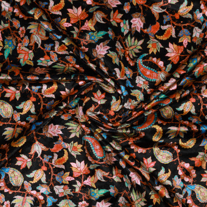 Black Leaf Pattern Digital Print Velvet Fabric (Width 58 inches)
