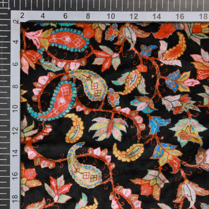 Black Leaf Pattern Digital Print Velvet Fabric (Width 58 inches)