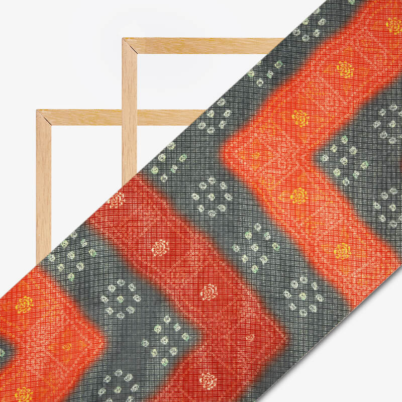Red And Orange Bandhani Pattern Digital Print Kota Doria Fabric - Fabcurate