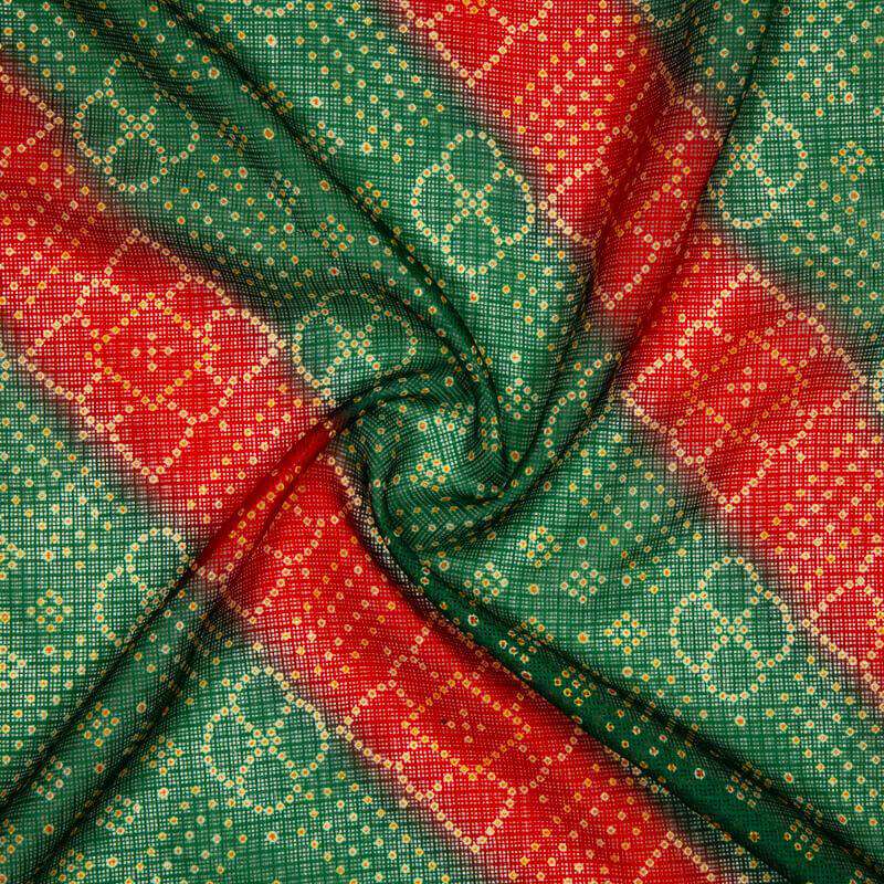 Red And Green Bandhani Pattern Digital Print Kota Doria Fabric - Fabcurate