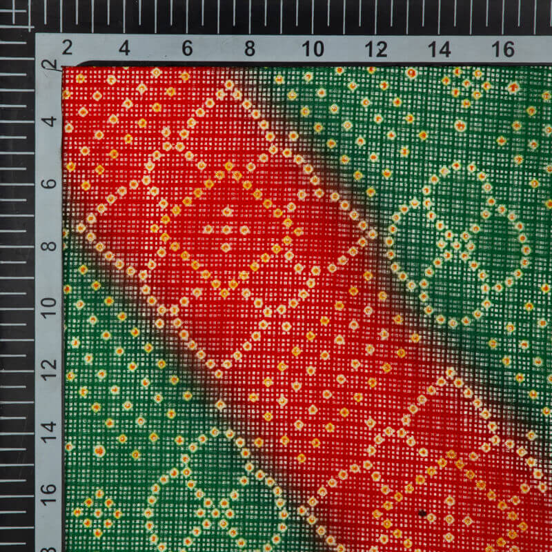 Red And Green Bandhani Pattern Digital Print Kota Doria Fabric - Fabcurate