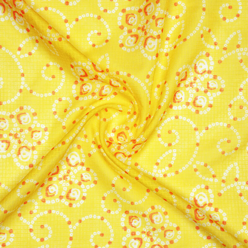 Lemon Yellow Bandhani Pattern Digital Print Kota Doria Fabric - Fabcurate