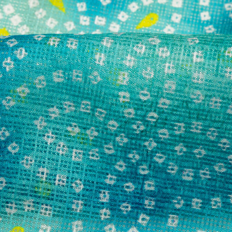 Sky Blue And Yellow Bandhani Pattern Digital Print Kota Doria Fabric - Fabcurate