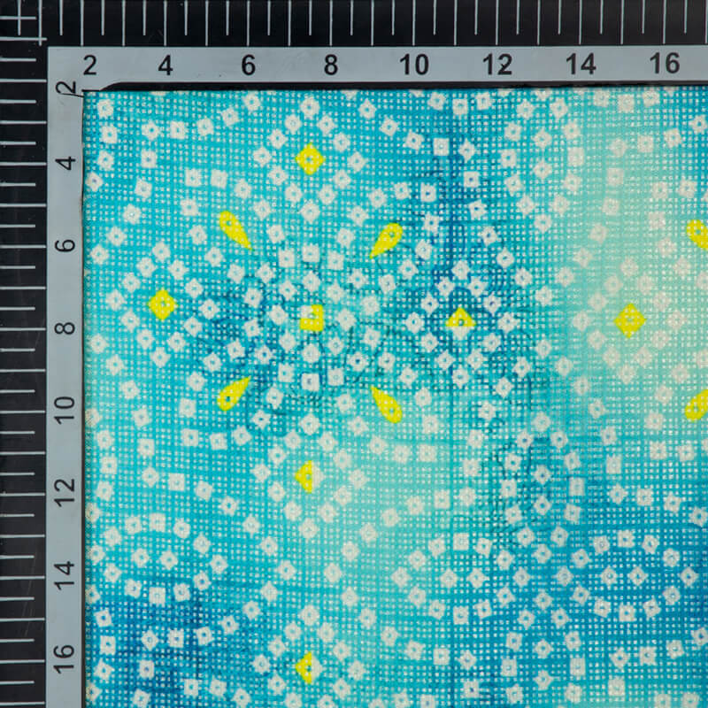 Sky Blue And Yellow Bandhani Pattern Digital Print Kota Doria Fabric - Fabcurate