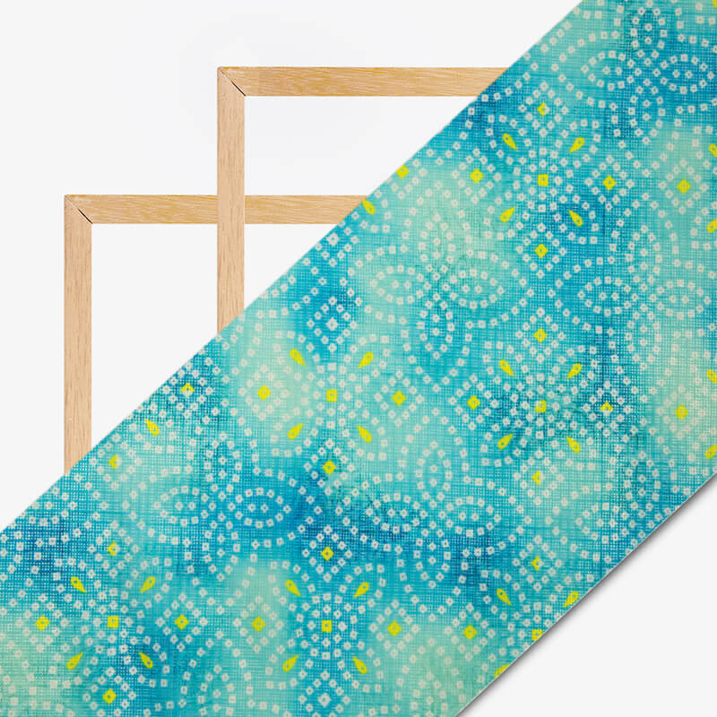 Sky Blue And Yellow Bandhani Pattern Digital Print Kota Doria Fabric - Fabcurate