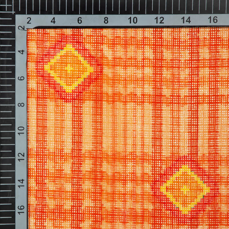 Orange And Yellow Geometric Pattern Digital Print Kota Doria Fabric - Fabcurate