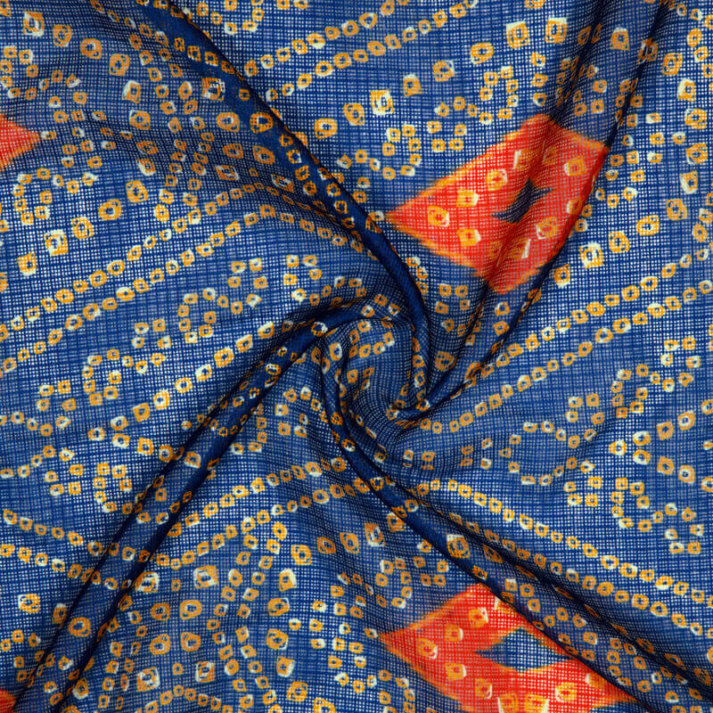Royal Blue And Yellow Bandhani Pattern Digital Print Kota Doria Fabric - Fabcurate