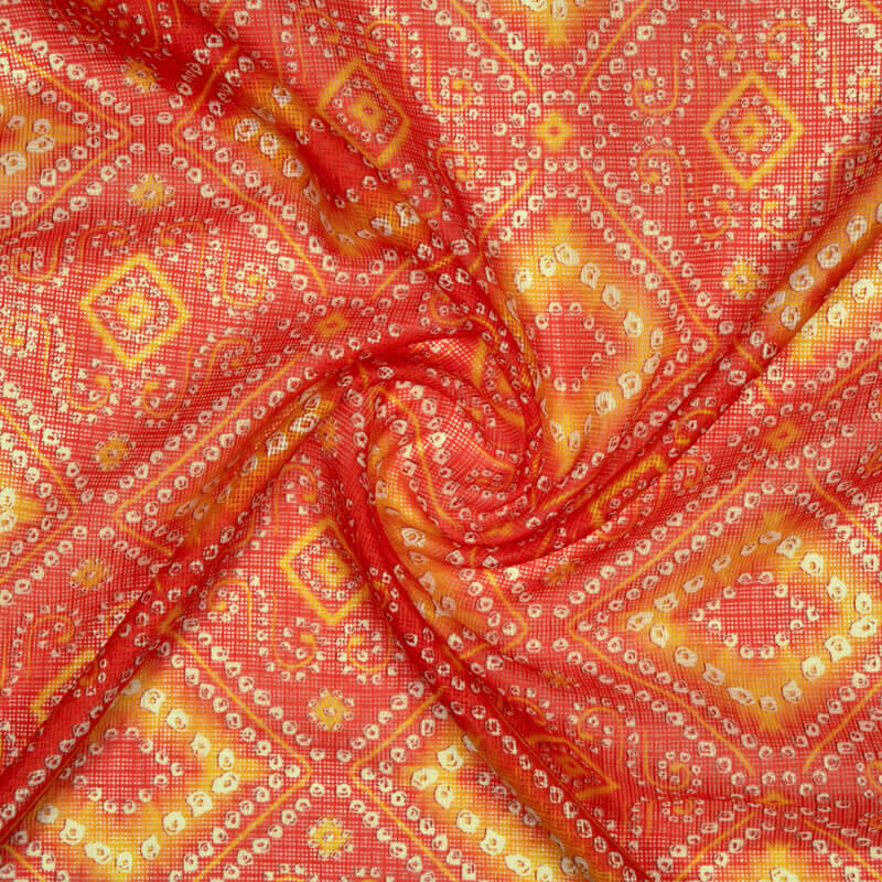 Red And Yellow Bandhani Pattern Digital Print Kota Doria Fabric - Fabcurate